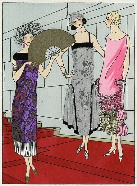 Three ladies in evening dresses by Paul Poiret and Beer