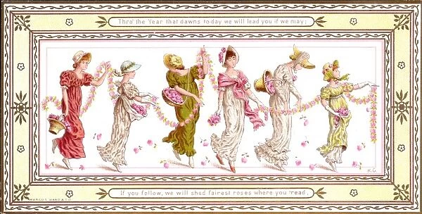 Six ladies with flowers on a New Year card