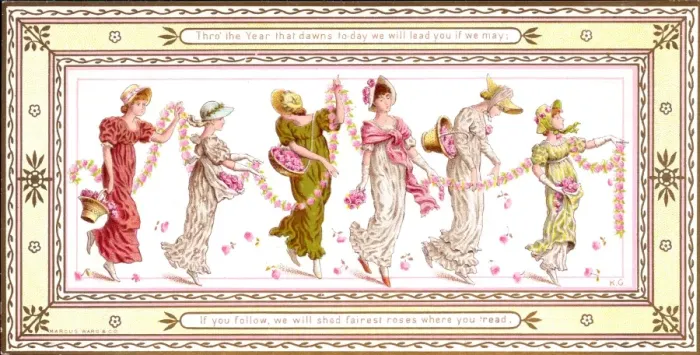 Framed Print : Six ladies with flowers on a New Year card Framed Print : Six ladies with flowers on a New Year card