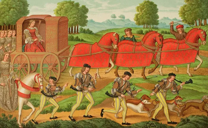 Framed Print : Ladies hunting, 15th century. 19th century chromolithography Framed Print : Ladies hunting, 15th century. 19th century chromolithography