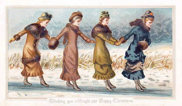 Four ladies on the ice on a Christmas card