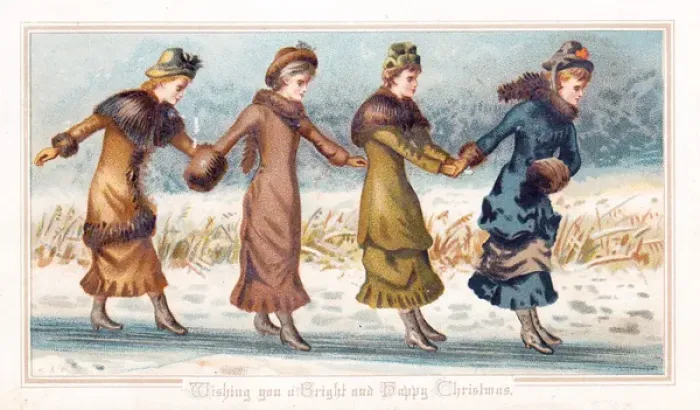 Framed Print : Four ladies on the ice on a Christmas card Framed Print : Four ladies on the ice on a Christmas card