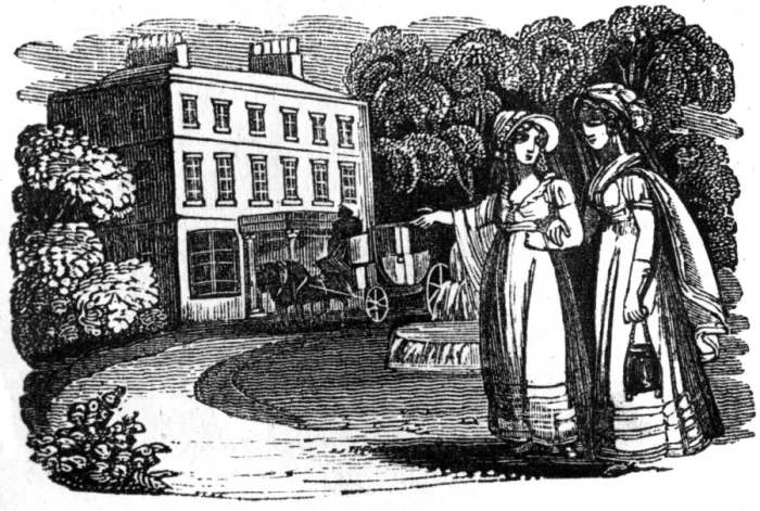 Framed Print : Two ladies outside grand house, c. 1800 Framed Print : Two ladies outside grand house, c. 1800