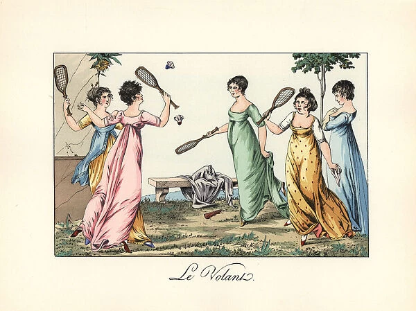 Ladies playing badminton in a garden, 1817