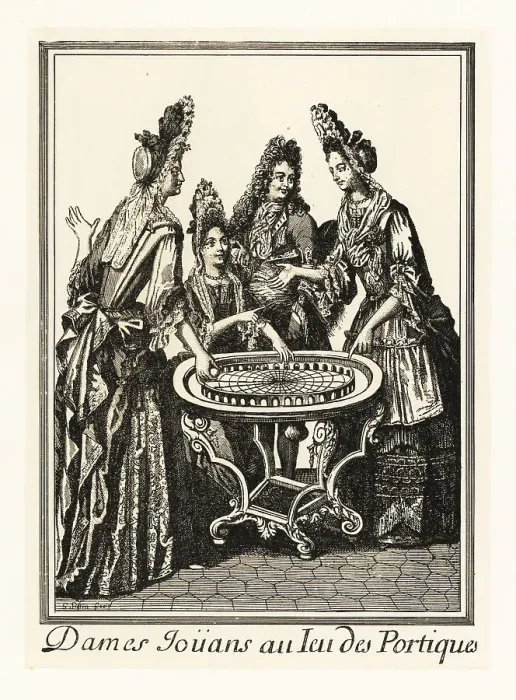 Framed Print : Ladies playing a game of bagatelle with a fop, 17th century Framed Print : Ladies playing a game of bagatelle with a fop, 17th century