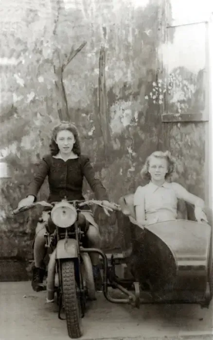 Framed Print : Two ladies in studio on a 1931 / 2 Raleigh motorcycle Framed Print : Two ladies in studio on a 1931 / 2 Raleigh motorcycle