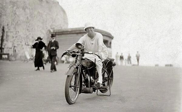 Lady on 1918 Rudge Multi motorcycle