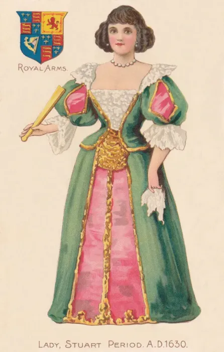 Framed Print : A lady from the Stuart period, AD1630, and the royal coat of arms Framed Print : A lady from the Stuart period, AD1630, and the royal coat of arms