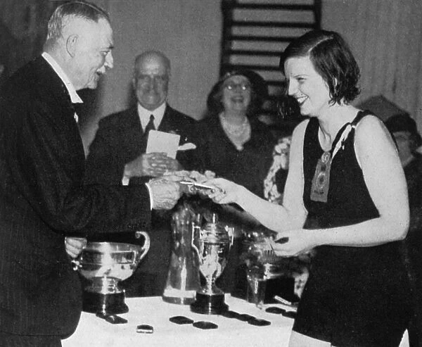 Lady Alington presented with swimming prize, Bath Club