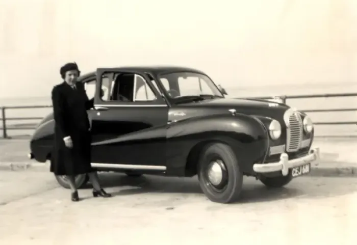 Framed Print : A lady and an Austin A40 Framed Print : A lady and an Austin A40