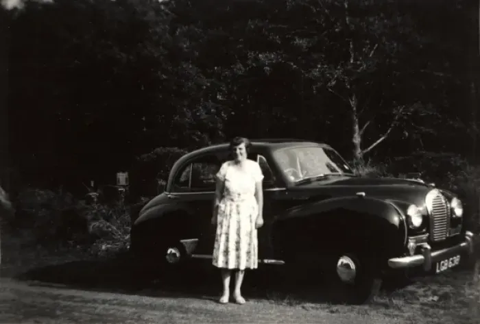 Framed Print : Lady and Austin A40 Framed Print : Lady and Austin A40