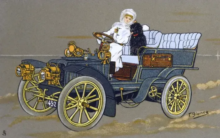 Framed Print : Lady with Automobile and Dog Framed Print : Lady with Automobile and Dog