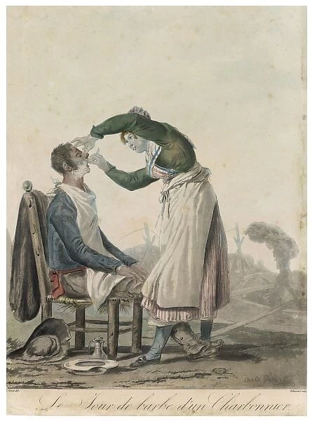 Lady Barber / Vernet. A (French) lady barber wet shaves her customer