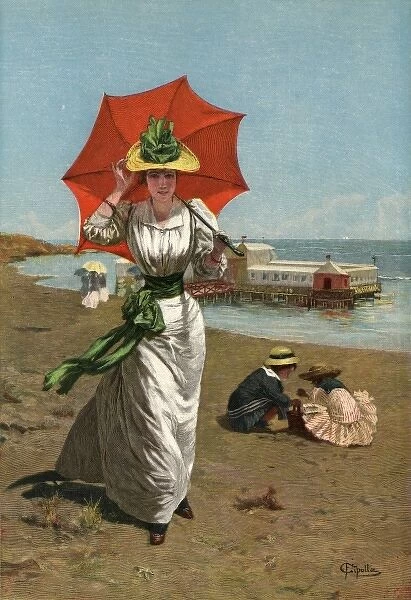 Lady on Beach 1894. By the Sea: an elegant lady goes for a walk along the