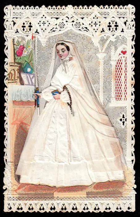Framed Print : Lady in communion dress on a lacy greetings card Framed Print : Lady in communion dress on a lacy greetings card