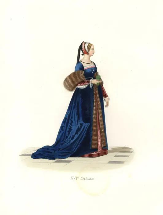Framed Print : Lady at the court of Francis I in a red silk dress covered by a fur-lined robe of blue silk Framed Print : Lady at the court of Francis I in a red silk dress covered by a fur-lined robe of blue silk