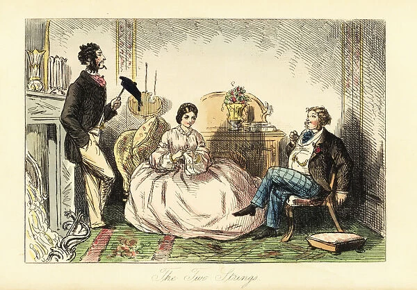 Lady in crinoline dress with two gentlemen callers