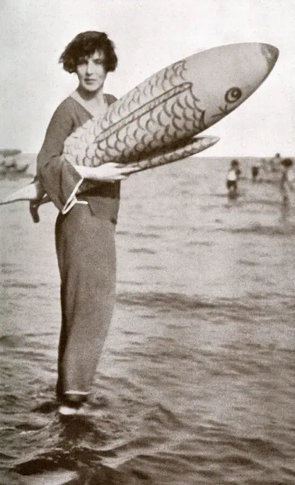 Framed Print : Lady Diana Cooper at Venice Lido with inflatable fish Framed Print : Lady Diana Cooper at Venice Lido with inflatable fish