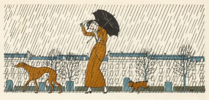 Framed Print : Lady & Dogs in Rain Framed Print : Lady & Dogs in Rain