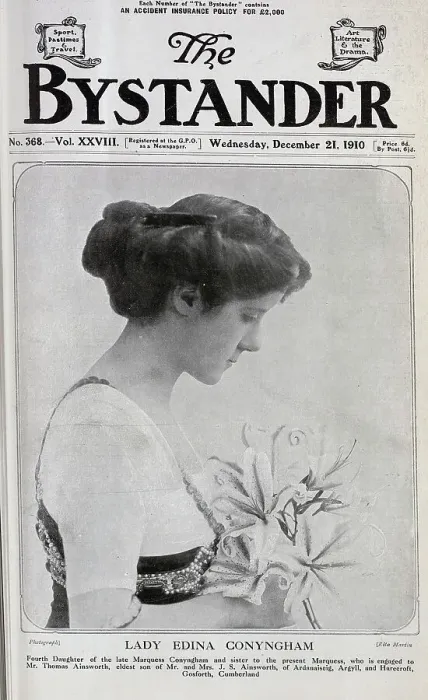Framed Print : Lady Edina Conyngham, formal studio portrait in beaded gown, with bouquet of lilies. Lady Edina Dorothy Hope Conyngham, (1888-1964), had recently become engaged to Mr Thomas Ainsworth. Date: 1910 Framed Print : Lady Edina Conyngham, formal studio portrait in beaded gown, with bouquet of lilies. Lady Edina Dorothy Hope Conyngham, (1888-1964), had recently become engaged to Mr Thomas Ainsworth. Date: 1910