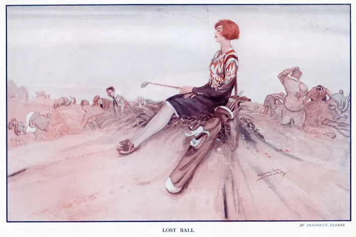 Framed Print : A lady enjoying a cigarette after losing her golf ball, whilst male golfers search frantically for it. Date: 1925 Framed Print : A lady enjoying a cigarette after losing her golf ball, whilst male golfers search frantically for it. Date: 1925