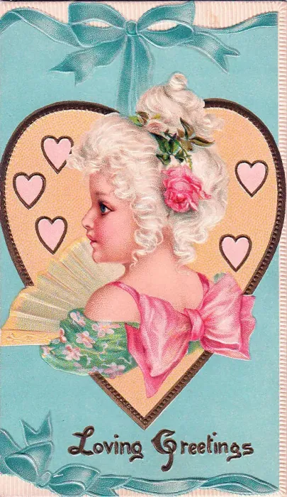 Framed Print : Lady with a fan and hearts on a Valentine card Framed Print : Lady with a fan and hearts on a Valentine card