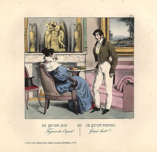 Lady flattering a foppish gentleman in a parlour