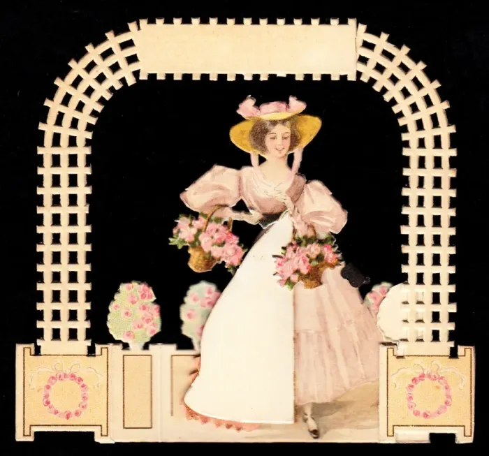 Framed Print : Lady with flowers on a greetings card Framed Print : Lady with flowers on a greetings card