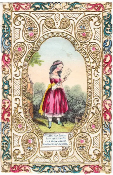 Framed Print : Lady in a garden on a romantic greetings card Framed Print : Lady in a garden on a romantic greetings card