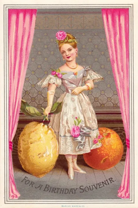 Framed Print : Lady with giant lemon and orange on a birthday card Framed Print : Lady with giant lemon and orange on a birthday card