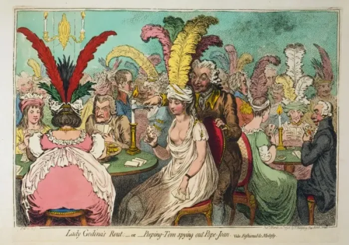 Framed Print : Lady Godinas rout; - or - Peeping-Tom spying out Pope-Joan Framed Print : Lady Godinas rout; - or - Peeping-Tom spying out Pope-Joan