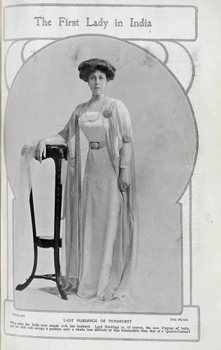 Framed Print : Lady Hardinge of Penshurst, formal studio portrait in gown and pearls. Captioned, The First Lady in India'. With description, Lady Hardinge of Penshurst: Who sails for India next month with her husband Framed Print : Lady Hardinge of Penshurst, formal studio portrait in gown and pearls. Captioned, The First Lady in India'. With description, Lady Hardinge of Penshurst: Who sails for India next month with her husband