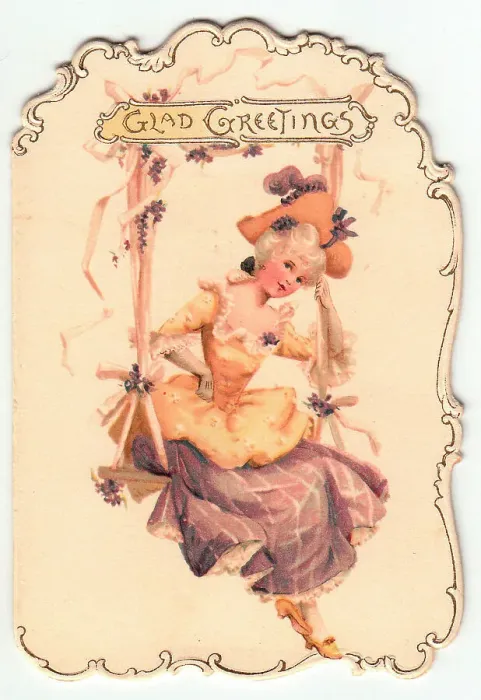 Framed Print : Lady in historical costume on a swing on a greetings card Framed Print : Lady in historical costume on a swing on a greetings card
