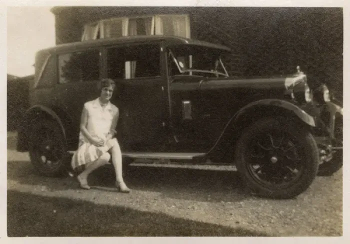 Framed Print : A lady ( Marion ) - sitting on the running board of her car Framed Print : A lady ( Marion ) - sitting on the running board of her car