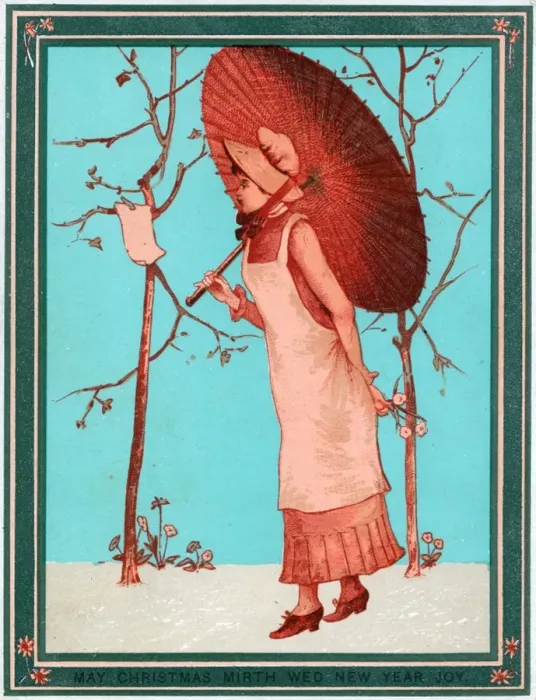 Framed Print : Lady with a parasol on a Christmas and New Year card Framed Print : Lady with a parasol on a Christmas and New Year card