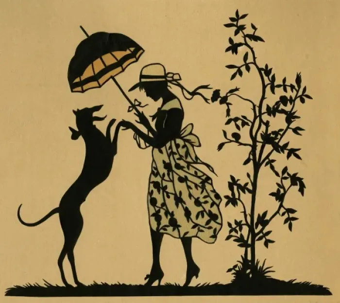 Framed Print : Lady with parasol and dog in a garden Framed Print : Lady with parasol and dog in a garden