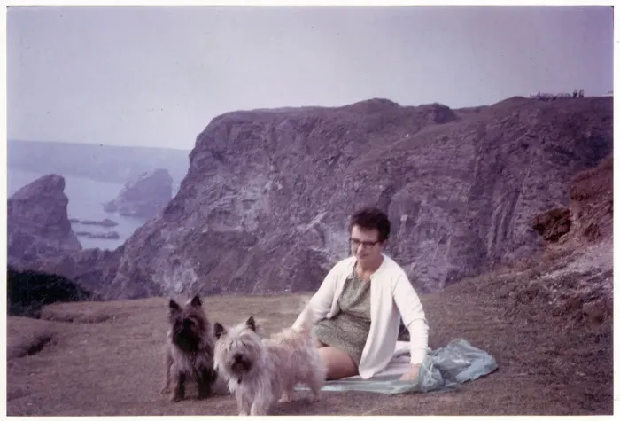 Framed Print : A lady with her two pet terriers - Rocky British coast Framed Print : A lady with her two pet terriers - Rocky British coast