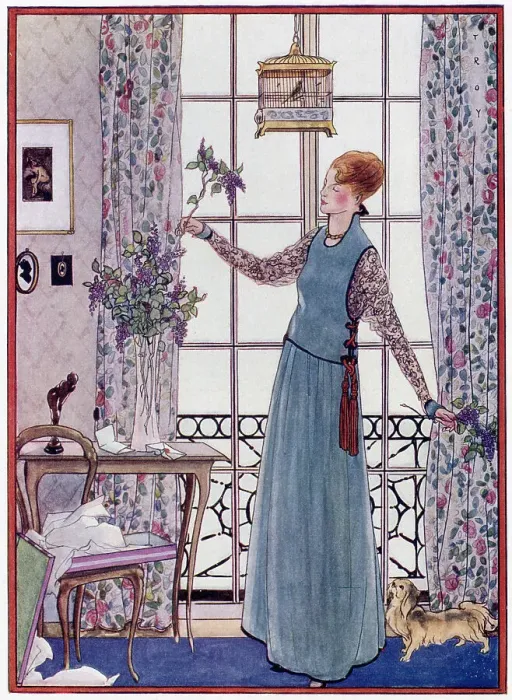 Framed Print : A lady in a pinafore dress artistically arranges lilac coloured blossom in a tall, narrow stemmed glass vase, watched on by her pekinese dog. Date: 1915 Framed Print : A lady in a pinafore dress artistically arranges lilac coloured blossom in a tall, narrow stemmed glass vase, watched on by her pekinese dog. Date: 1915