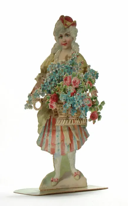 Framed Print : Lady with pink and blue flowers on a greetings card Framed Print : Lady with pink and blue flowers on a greetings card