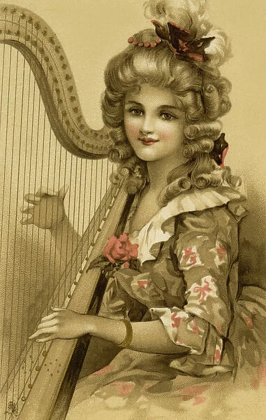 Lady playing a harp. Lady in 18th century costume playing a harp