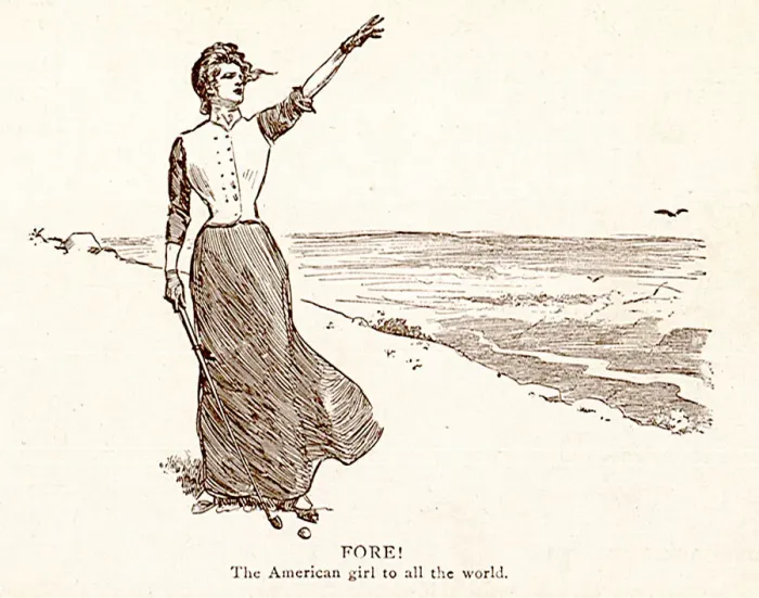 Framed Print : Lady points skyward with golf club in hand by the sea Date: 1900 Framed Print : Lady points skyward with golf club in hand by the sea Date: 1900