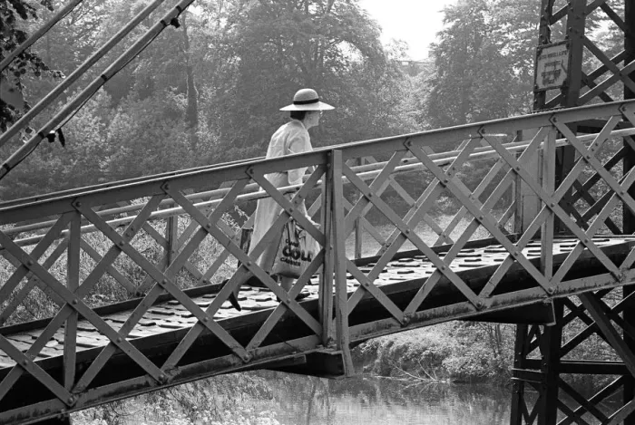 Framed Print : Lady on Porthill footbridge, Shrewsbury Framed Print : Lady on Porthill footbridge, Shrewsbury