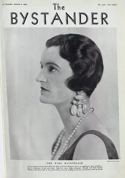 Lady Ravensdale, formal studio portrait with large pearl earrings. With description, A new portrait of Lady Ravensdale, the eldest of the late Marquess Curzon of Kedleston's three daughters; she is a Baroness in her own right