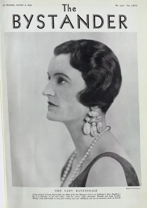 Framed Print : Lady Ravensdale, formal studio portrait with large pearl earrings. With description, A new portrait of Lady Ravensdale, the eldest of the late Marquess Curzon of Kedleston's three daughters; she is a Baroness in her own right Framed Print : Lady Ravensdale, formal studio portrait with large pearl earrings. With description, A new portrait of Lady Ravensdale, the eldest of the late Marquess Curzon of Kedleston's three daughters; she is a Baroness in her own right