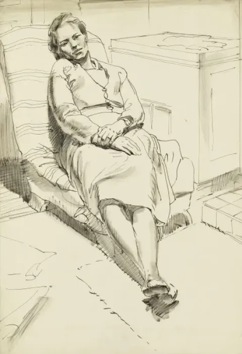 Framed Print : Lady resting in a low chair Framed Print : Lady resting in a low chair