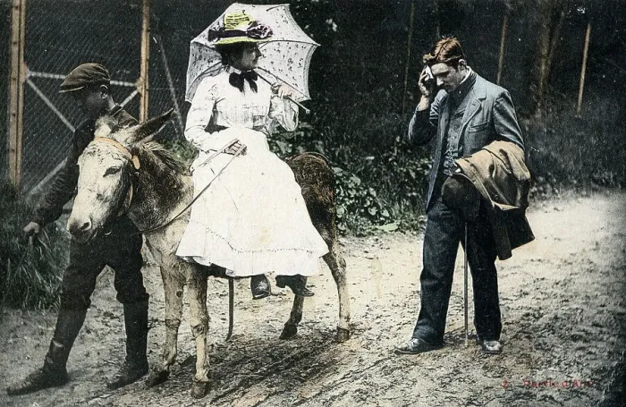 Framed Print : Lady riding side-saddle on a donkey Framed Print : Lady riding side-saddle on a donkey