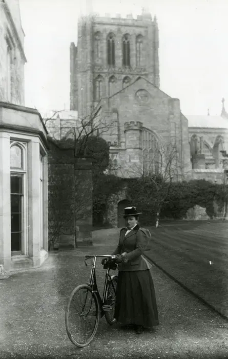 Framed Print : Lady with safety bicycle, Hereford Cathedral Framed Print : Lady with safety bicycle, Hereford Cathedral