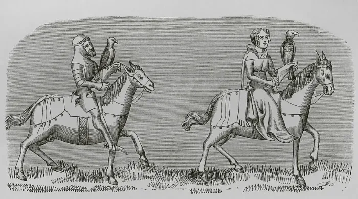 Framed Print : Lady setting out hunting. Engraving after a miniature Framed Print : Lady setting out hunting. Engraving after a miniature