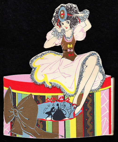 Lady sitting on a hat box