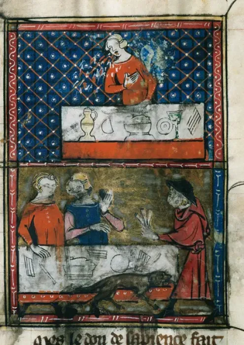 Framed Print : Lady before a table ready for a banquet (top) and man and wo Framed Print : Lady before a table ready for a banquet (top) and man and wo
